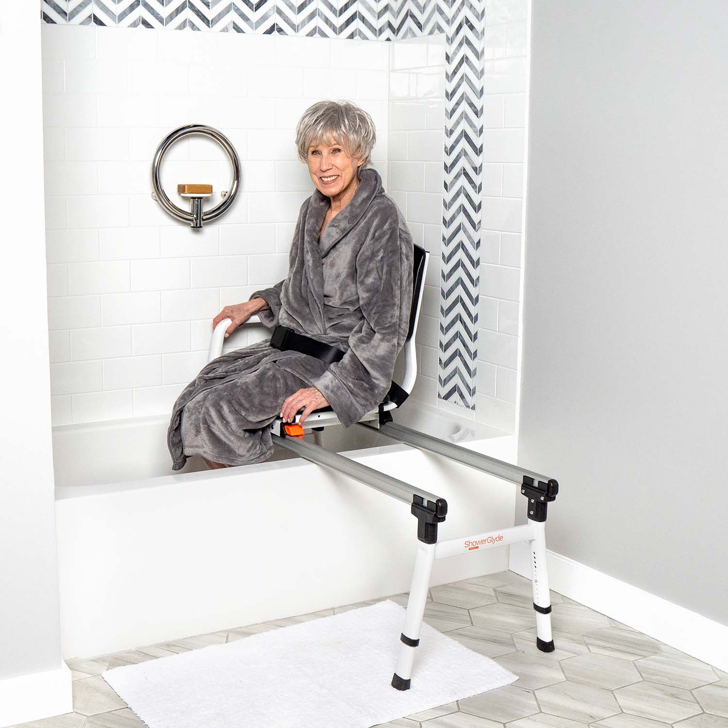 older adult using shower bench to safely bathe
