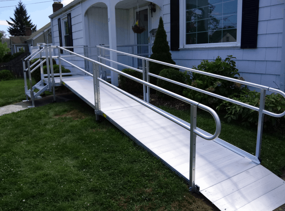aluminum ramp installed with stairs to provide safe home access for resident in Connecticut
