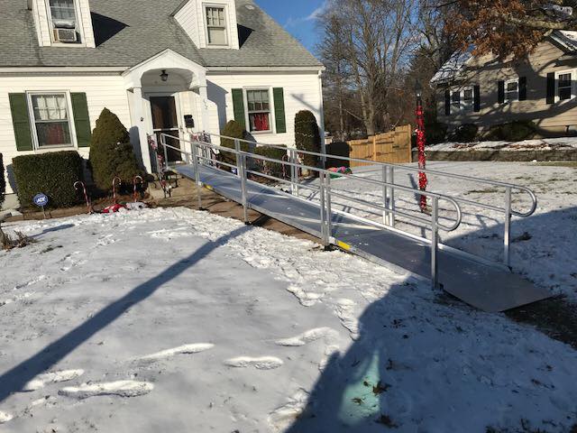 Ramp in snow installed by Lifeway Mobility during holiday season